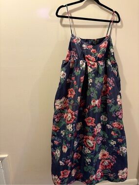 BHLDN Navy Floral Midi Dress with Pink & Green Accents